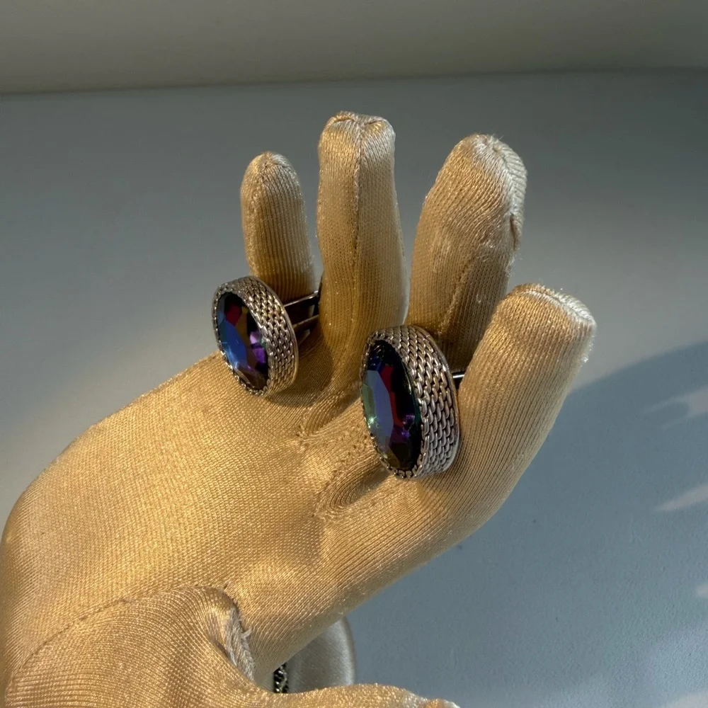 Vintage Swank Signed Peacock Blue Rivoli Crystal Glass Silver Tone Cufflinks